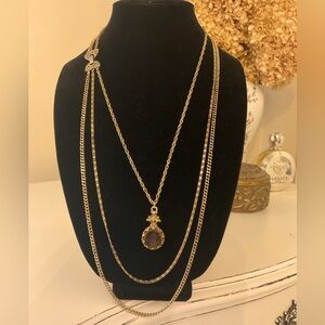 #16 Vintage Signed Goldette Gold-tone Intaglio Glass Cameo Necklace